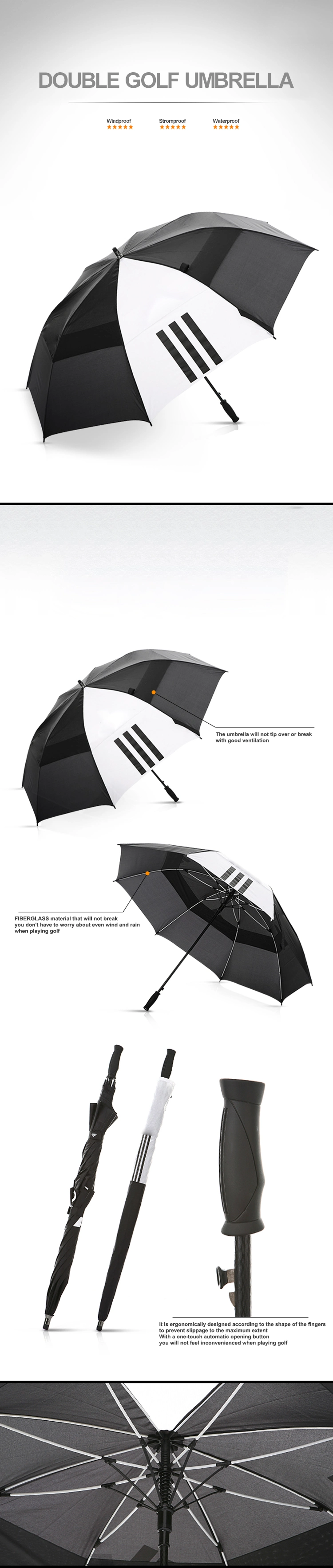 Wholesale High End Luxury 64" Large White and Black Dual Fabric Strong Fiberglass Windproof Auto Custom Golf Umbrella with Logo