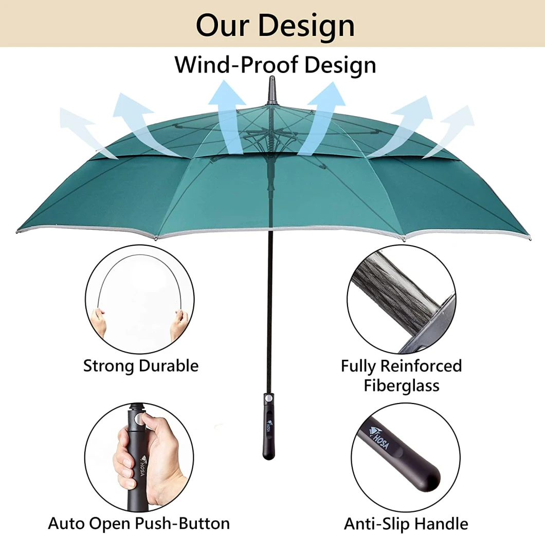 Auto Open Large Golf Umbrella Night Safety Reflective Strip Windproof Waterproof UV Protection Anti-Slip Handle for Raining Days